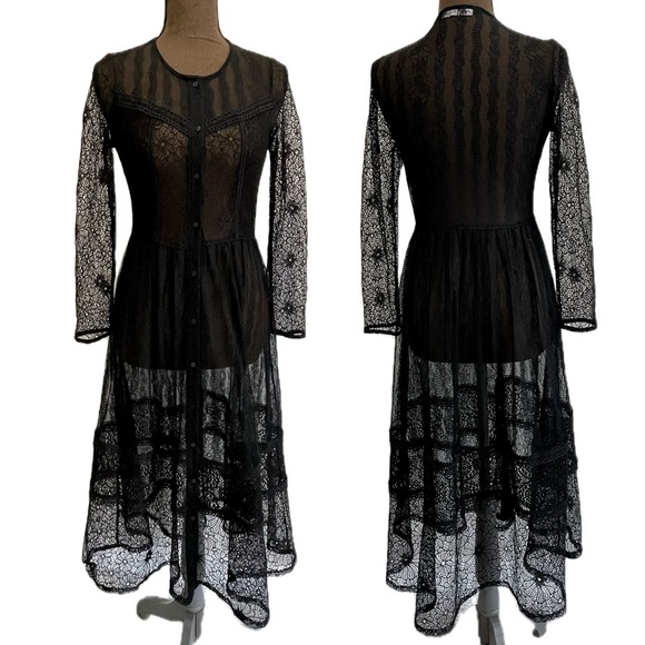 ZARA Sheer Mixed Lace Midi Dress Size Small Black Button Front Fit & Flare Goth - Picture 1 of 15